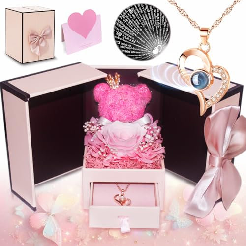 Regalo Rosa Eterna con Collana e Orsetto, Rosa Eterna Idea Regalo,Scatola Regalo di Fiori Conservati, Idee Regalo di Natale, Compleanno, Festa della Mamma per Mamma, Moglie, Fidanzata, Donne Speciali