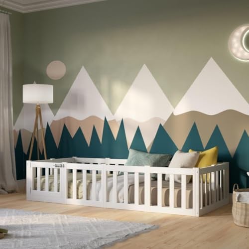Crazy Pine Kinderbett 140x180 cm – Montessori Bodenbett mit Rausfallschutz 40cm und Öffnbarer Barriere - Weiß mit Glatter Oberfläche - Perfekt für Jungen und Mädchen Crazy Johnny