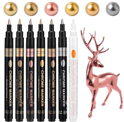 Kigniote Marqueur Acrylique Metallique, Lot de 7 Feutre Peinture Imperméable et Réfléchissant, Stylo Peinture Chrome Liquide Miroir Permanent et Brillant pour Plastique, Résine, Modèle - 0,7mm