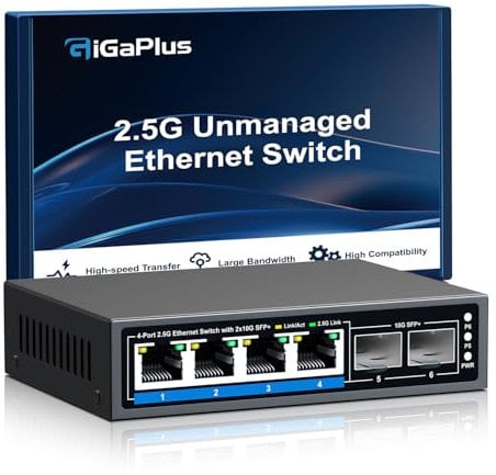 Conmutador Ethernet no administrado de 6 Puertos y 2.5Gb con 4 Puertos Base-T de 2.5Gb y 2 Puertos SFP+ de 10Gb. Conmutador de Red GiGaPlus de 2.5Gb/s para NAS/PC de 2.5 GB/s