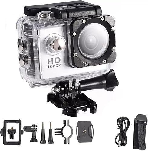 BSLVWG 1080P Action Camera 12MP 30M Waterproof Sports Underwater Cameras for Vlog With Ultra HD 170°Wide-Angle Anti-Shake 2.0'' LCD Screen with Accessories Kit for Bicycle/Swimming (White)