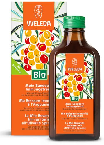 WELEDA Bio Sanddorn Immungetränk – natürliche Vitamin C Quelle zur Stärkung des Immunsystems – Bio Sanddornsaft angenehm gesüßt mit Bio Rohrzucker & Honig (1 x 200 ml)