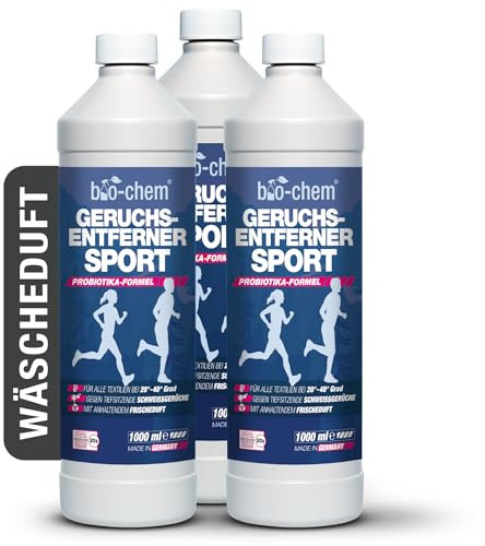 bio-chem Geruchsentferner Sport 3x 1000 ml | Sportwaschmittel gegen Schweißgeruch | Waschzusatz für Sportkleidung & Funktionswäsche | Probiotisch & enzymatisch | Made in Germany
