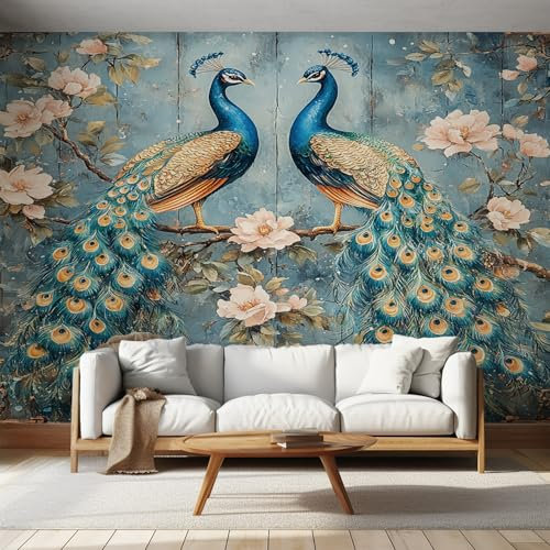 Teal Wallpaper, Chinoiserie Vintage Peacock Wallpaper for Living Room, Bedroom, Non-Woven Decor Wall Paper, Photo Mural Dining Room, Hallway, Lounge, 200 X 140 cm