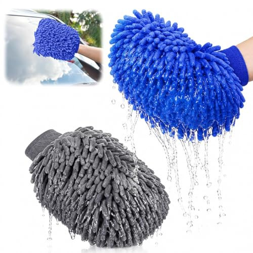 DiviDermy 2pcs Microfiber Car Wash Mitt, Professional Cleaning Microfibre Sponge Mitts, Anti-Scratch Microfiber Detailing Glove, Lightweight & Durable, Gently Removes Dirt, Grey and Blue