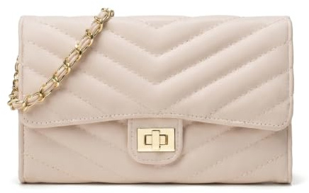IUSOT Handtasche Damen Klein Crossbody Bag - Beige Nude V-Steppmuster Abendtasche - Elegante Handytasche zum Umhängen mit Kette Drehverschluss - Kompatibel mit iPhone Samsung bis 6,7 Zoll