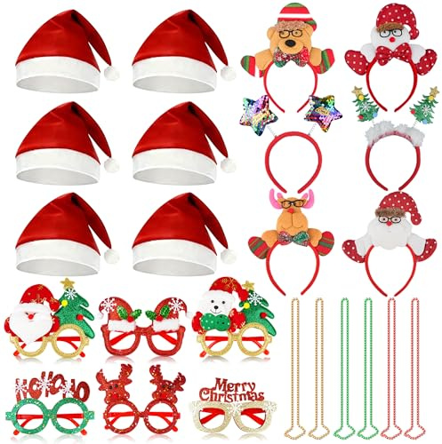 JOYEONDEF 24 Stück Weihnachts Accessoires Set – 6 Haarreifen, 6 Nikolausmützen, 6 Lustige Brillen & 6 Perlenketten – Party Deko & Foto Requisiten für Weihnachtsfeier & Events für Erwachsene