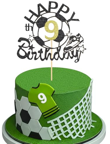 Happy 9th Birthday Football Cake Topper, Black Gold Glitter 9 Years Old Cake Decorations, Birthday Soccer Theme Party Supplies for Boys (9th)
