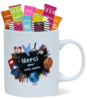 MONBANA - Mug Merci et 20 Croustilles et Biscuits | Cadeau pour Remercier les Maîtresses, Maîtres, Atsem & Nounous, Collègues, Soignants