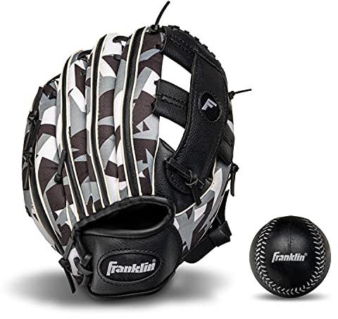 Franklin Sports RTP Teeball Performance Gloves & Ball Combo, 9.5, Right Hand Throw, Black/White