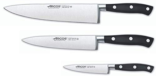 Arcos Riviera, Juego de Cuchillos de Cocina, Mondador + 2 Cuchillo Chef, Acero Inoxidable Forjado Nitrum, Mango POM, Color Negro