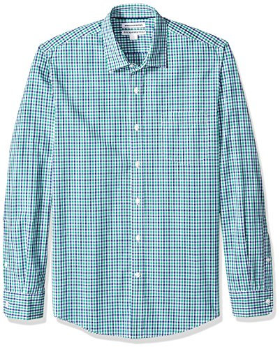 Amazon Essentials Men's Slim-Fit Long-Sleeve Poplin Shirt, Blue Green Gingham, L