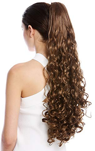 WIG ME UP - N440-V-12 Haarteil Zopf Pferdeschwanz Locken lockig sehr lang 60 cm Braun Goldbraun