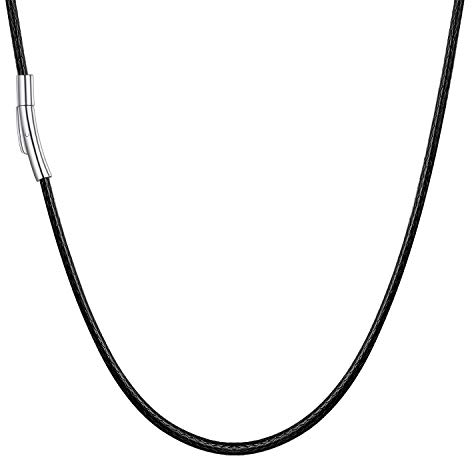 U7 Herren lange Halskette 75cm schwarz Lederkette mit 316L Edelstahl Verschluss 2mm breit geflochtene Wachsschurkette trendig Schmuck Accessoire für Alltagsleben