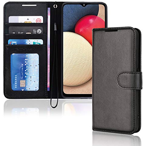 TECHGEAR Étui Portefeuille en Cuir Galaxy A02s, Housse de Protection à Rabat avec Porte-Carte Portefeuille, Support et dragonne, Cuir PU Noir avec Fermeture magnétique conçu pour Samsung A02s