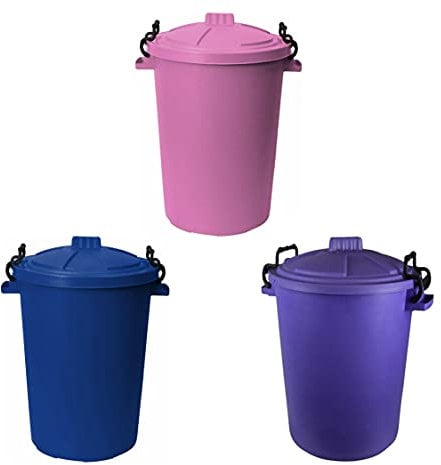 M1SS (Set of 3) 50 Litre Blue, Purple, Pink Heavy Duty Plastic Clip Lock Lid Bin Indoor or Outdoor Rubbish, Waste or Storage of Animal Feed.
