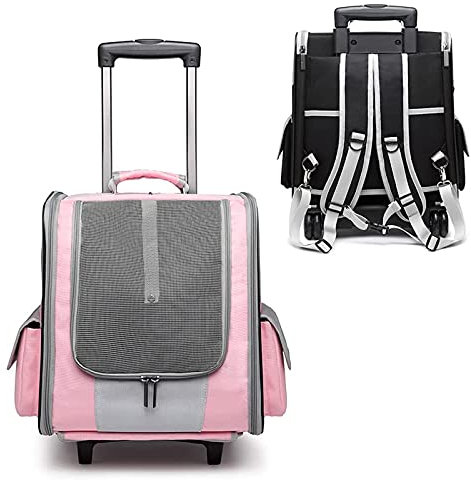 PJDDP Reisetasche Mit Rollen Für Hunde Und Katzen,Hunderucksack,Katzen, Welpen, Kleintier Transportbox Für Haustiere Mit Schulterriemen Und Rollen Trolley Für Den Außenbereich,Rosa