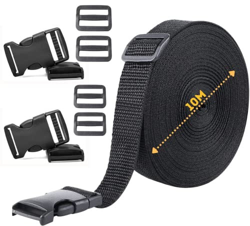 Webbing Strap, Black Polypropylene Webbing Strap Tape 20mm,25mm,40mm,50mm Wide for DIY Craft Dog Collar, Tow Ropes, Luggage Belt, 10M with 5 Sets of plastic release plastic buckles (50mm)