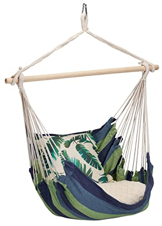 Relaxdays Hängesessel, Hängestuhl draußen & drinnen, 150 kg, Baumwolle & Holz, Hängesitz Kinder & Erwachsene, blau/grün, 111 x 97 x 7,5 cm