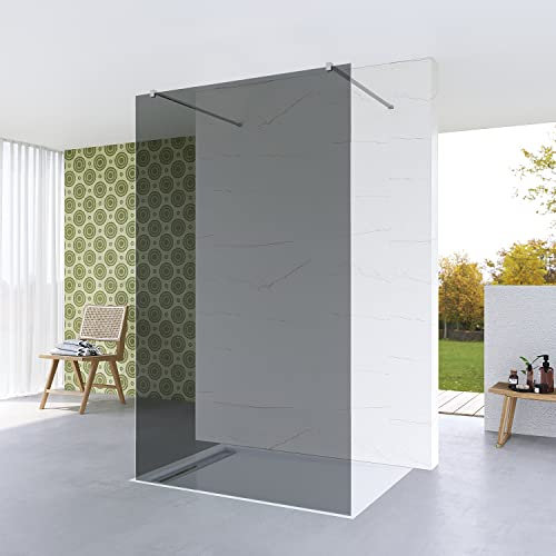 Walk in Duschwand Glas graues Glas 97 x 200 cm freistehend begehbare Dusche ebenerdige Duschabtrennung Glastrennwand Duschtrennwand | Echtglas Grauglas 8 mm | NANO | Stabilisationsbügel chromoptik