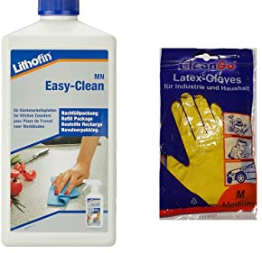 zbs24 Lithofin MN Easy-Clean, Reiniger für Küchenarbeitsplatten, Tische und den Sanitärbereich, Set mit Handschuhen und praktischem Mikrofasertuch 30x30cm (1 x 1 Liter)