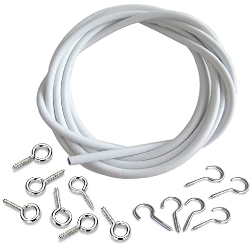 Dtoterul 5M Bianco Filo per Tenda Filo per Tende 5 Metri Corda per Tende Multiuso Tende a Filo Cavo per Tende Set con 6 Paia di Ganci e Occhielli per Tendere Panni o Bastone per Tende