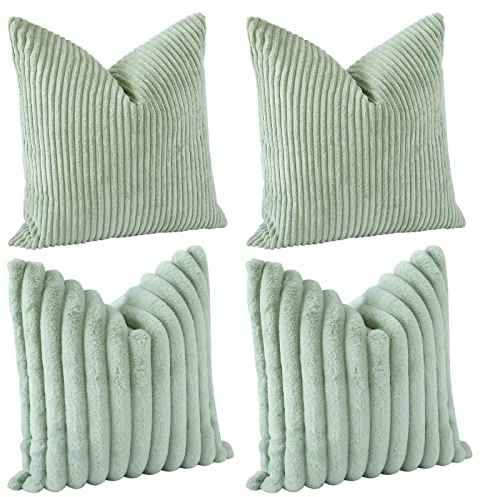 JOTOM Dekokissen Kissenbezüge 45x45cm 4er Set Soft Kissenhülle Einfarbig Streifen Kissenbezug für Sofa Büro Couch Schlafzimmer Bett (45x45cm, Salbei Grün)