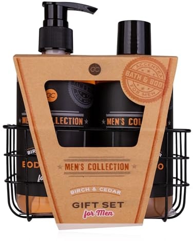 Accentra MEN'S COLLECTION Coffret cadeau pour homme dans panier métallique, avec gel douche de 300 ml dans un distributeur à pompe, shampooing 300 ml, parfum bouleau et cèdre – Marron