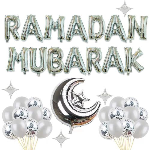 Ramadan Mubarak Silber Ballons Dekoration Set Ramadan Mubarak Banner Eid Latex Luftballons Set Torteneinlagen, Islamic für Party Zubehör