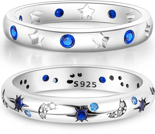 LWXLP 925 Sterling Silber Ring Original Design Blau Zirkon Stern Mond Finger Ringe Für Frauen Hochzeit Schmuck Geschenk