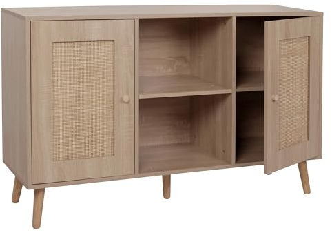 Sideboard HWC-M42, Schrank Kommode Highboard, Staufächer, Kubu Rattan Holz Melamin, Eiche-Optik