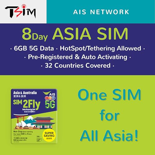 TSIM Asien & Australien SIM-Karte | 8 Tage 6GB | Jetzt mit 5G-Netzwerk | Automatische Aktivierung | Australien, Bali, Kambodscha, China, Hongkong, Indonesien, Japan, Malaysia, Singapur, Südkorea,