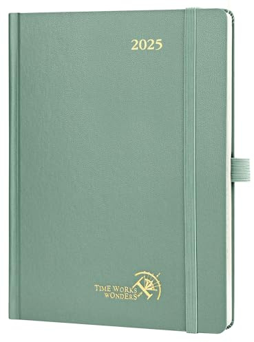 POPRUN Planer 2025 (mittelgroß, 21,6 x 16,5 cm, Hardcover) – Tages-, Wochen- und Monatsplaner 2025 Terminkalender mit stündlichen Zeitschlitzen, monatlichen Registerkarten, 100 g/m², Mitternachtsgrün