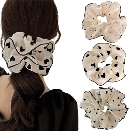 Ypkia 3 Stück Organza Scrunchies Haargummi Damen Set Weiche Elastische Pferdeschwanz Halter Für Frauen Mädchen Haarschmuck(Schwarz-Weiß-Druck)
