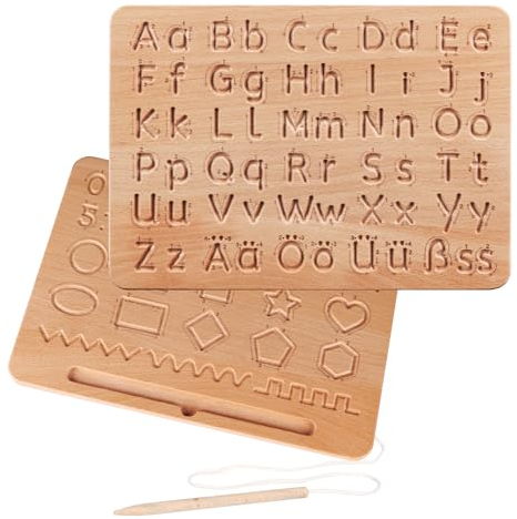 LOOPES Alphabet Lernen Schreibtafel Holz Alphabet Tracing Boards Kinder Einschulung Geschenk ABC Lernen Holzbrettchen Doppelseitiges Übungsbrett für 3 4 5 Jahre Schulkind Geschenk Schuleinführung
