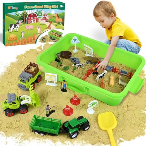 Ulikey Bauernhof Sandbox Set, Bauernhof Sandspielzeug für Kinder Sandkasten mit Brust, All in One Zaubersand Set mit Traktor und Tierisches Spielzeug Geschenk für Jungen Mädchen 3-8 Jahre