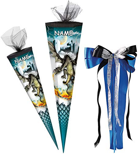 alles-meine.de GmbH Schultüte - mit 3D Glitzer - Effekt ! - Drache & Ritterburg - Feuerdrache - 50-85 cm - Größe wählbar - 6 eckig - incl. Name und große Schleife - Tüllabschlu..