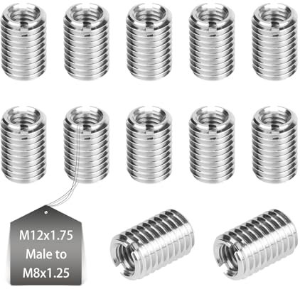 EXLECO 12er Gewindeeinsatz M12 auf M8 18mm Einschraubmutter Edelstahl Gewindehülse Gewindebuchse mit Schneidschlitz Gewindereparatursatz Weiblich M8 X 1,25mm & Männlich M12 X 1,75mm für Holzmöbel Auto