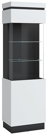 möbelando Glasvitrine >Campania< 1 Tür, 3 Böden, Alpinweiß/Anthrazit Dekor - 60x200x40cm (BxHxT)
