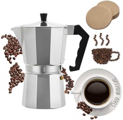 FainFun Cafetera Italiana Moka 9 Tazas, Cafeteras Italianas, Cafetera Italiana de Aluminio, Cafetera Pequeña, Cafetera Camping Gas, Moka Pot, Placa de Gas y Placa Vitrocerámica, Aluminio, Plata