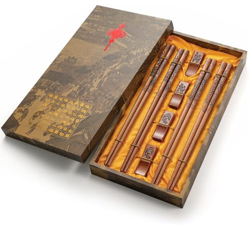 Chopsticks Reusable-Dragon and Phoenix Chopsticks Set with Holder and Carrying Bag,Chinese Style Natural Wood Chopstick Hand-Carved Chopstick Gift Set(4 Pairs)