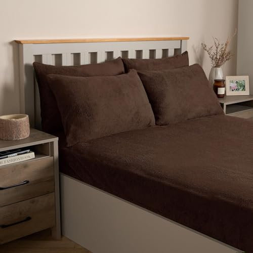 OHS Teddy Bear Pillowcases 4 Pack, Luxury Fluffy Pillow Covers, Warm Cosy Soft Fleece, Chocolate Brown