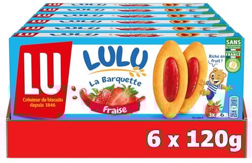 LU - LULU La Barquette Fraise - 6 Boîtes de 3 sachets de 6 Biscuits Lulu La Barquette à la Fraise - Biscuit Moelleux Fourré à la Fraise - Idéal à Emporter pour le Goûter des Enfants - Lot de 6x120g