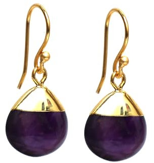 Gempires Natural Amethyst Electro-Plated Pear Cabochon Hook Earrings, Handmade Dangle Earrings for Women Gold Plated Hypoallergenic Jewelry Gifts For Women