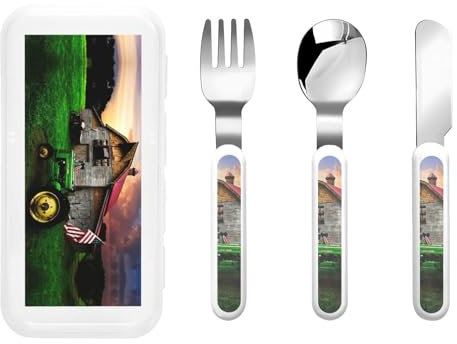 Besteck-Set, Motiv: alter Traktor, mit Bauernhofdruck, sichere Löffel und Gabeln, Messer, Edelstahl, spülmaschinenfest