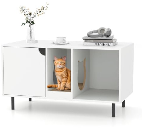 GOPLUS Katzenschrank für Katzentoilette, Katzenklo Schrank mit Abnehmbarer Kratzbrett, Eingang, Metallbeine & Eingang, Katzenhaus Beistelltisch aus Holz für 2 Katzen, 100 x 52 x 55 cm