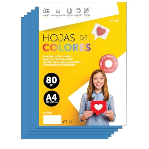 Buntes Papier A4 80g für Drucker & Basteln, Farbige Blätter für Kinder, Kreativprojekte, Karten & Schule M-office (500 Blatt, Blau)