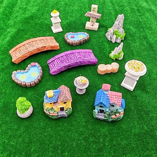 YOZIEMQ Accessoires de jardin miniatures – Lot de 14 micro décorations de paysage avec étang, phare, pont, décoration réaliste en résine pour loisirs créatifs, cadeau pour les amateurs de plantes et