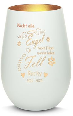 Gravur-Max Haustier Trauerlicht mit Gravur Nicht alle Engel haben Flügel, Manche haben Fell mit Wunschname und Pfote mit Einer hochwertigen Lasergravur in der Farbe Weiß/Bronze