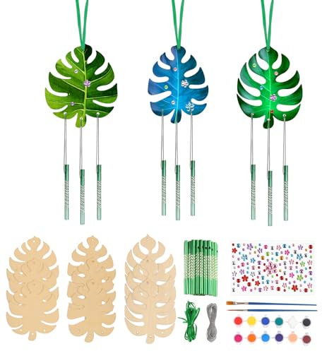 RYAN Windspiel Bastelset Kinder Set mit 9 Monstera Blätter auf Holz und 27 Klangröhren Dschungel Sommer Bastelsets für Kinder für Mädchen Kindergeburtstag Tropische Thema Party